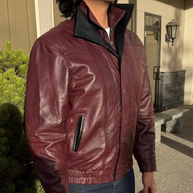 BOL Men's Double Collar Leather Bomber Jacket