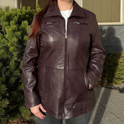 Classic Women's Mid-Length Lamb Leather Jacket