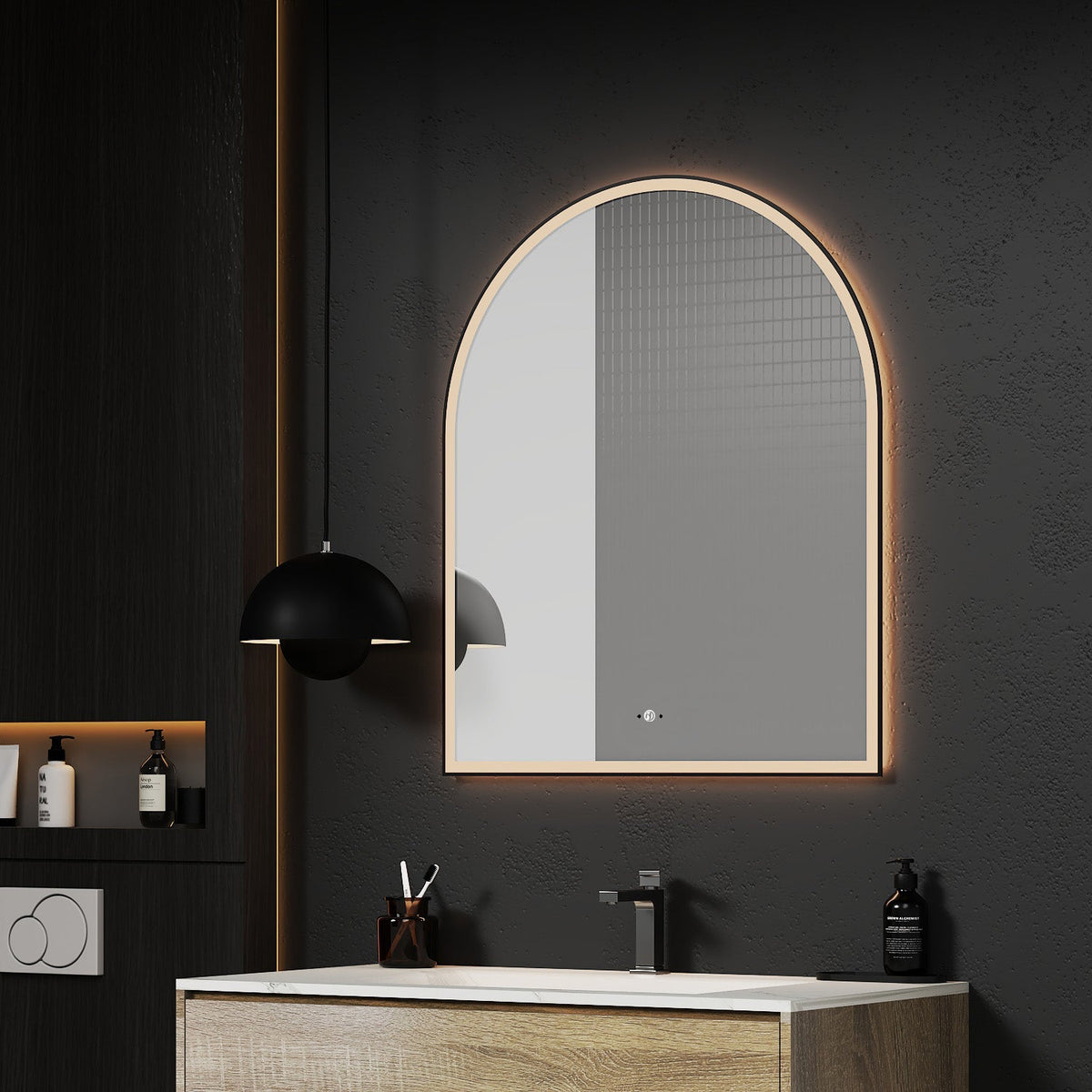 30" x 36" Arched LED Bathroom Mirror with Black Metal Frame
