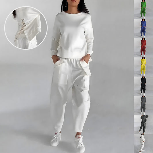 Fashion Women's Lounge Set – Solid Color Pullover Top and Wide Leg Trousers