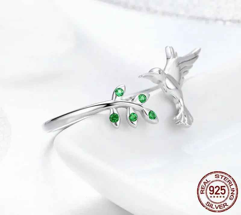 925 Sterling Silver Green Tree & Bird Open Ring