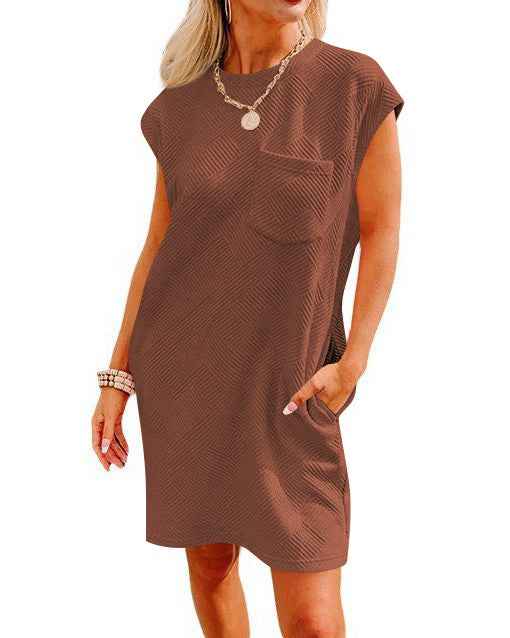 Summer Round-Neck Short-Sleeve Dress with Pockets – Casual Loose A-Line Sports Dress for Women