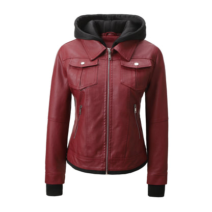 Women’s Faux Leather Biker Jacket with Detachable Hood – Slim-Fit Waist-Cinching Motorcycle Coat