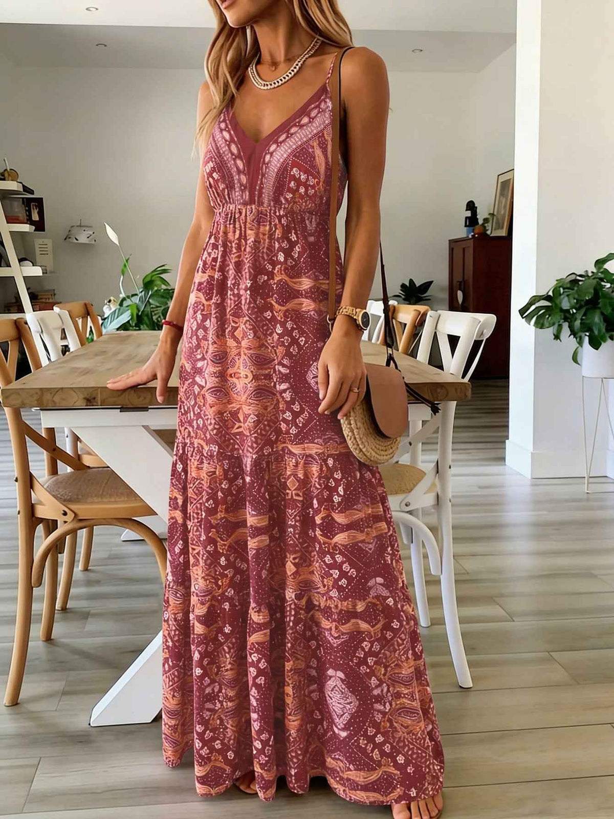 Women's Summer Boho Floral Print High-Waist V-Neck Spaghetti Strap Loose Maxi Dress