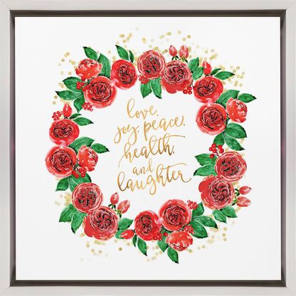Wandbild Weihnachtswünsche Kranz aus roten englischen Rosen