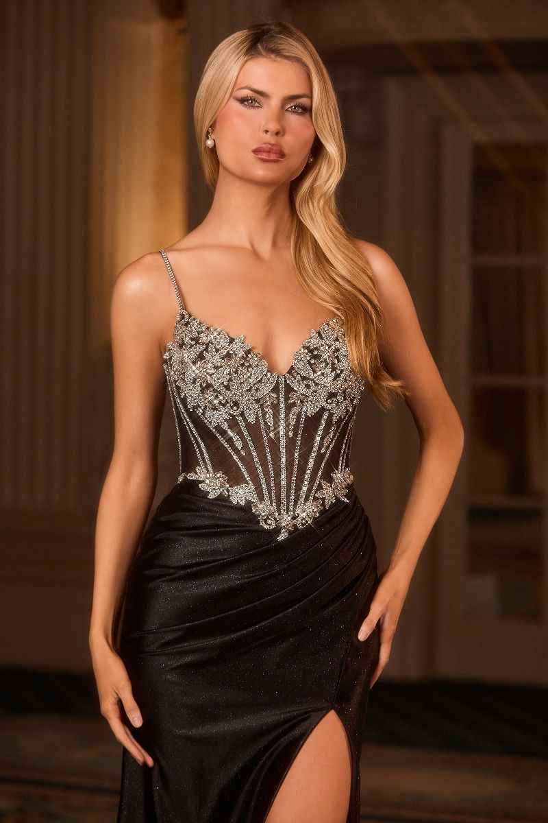 Beaded mesh bodice & glitter stretch satin