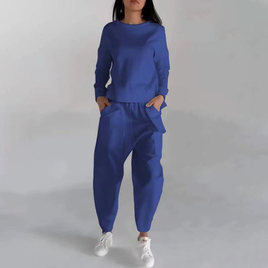 Fashion Women's Lounge Set – Solid Color Pullover Top and Wide Leg Trousers