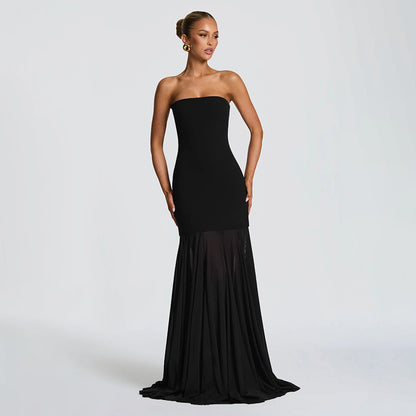 Women's Sleeveless Chiffon Tube Top Dress With Ribbons – Elegant Floor-Length Dress