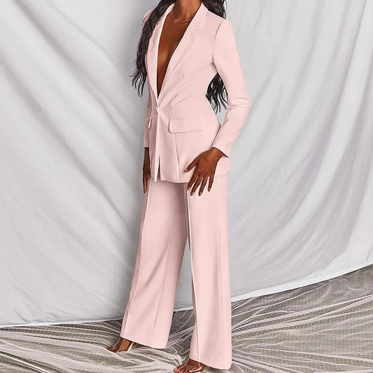 Women's Business Suit Set – Lapel Button-Down Blazer and Straight Leg Trousers