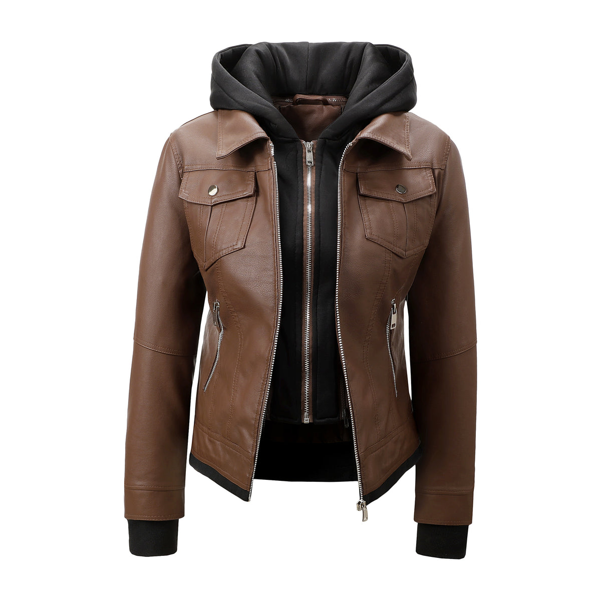 Women’s Faux Leather Biker Jacket with Detachable Hood – Slim-Fit Waist-Cinching Motorcycle Coat