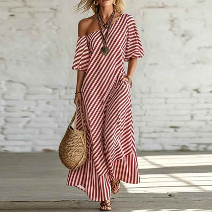 Asymmetrical One-Shoulder Striped Maxi Dress – Puff Sleeve Ruffle Hem Loose Vacation Dress with Pockets