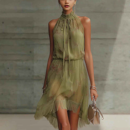 V-neck Waist Trimming Ruffles Elegant Dress