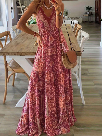 Women's Summer Boho Floral Print High-Waist V-Neck Spaghetti Strap Loose Maxi Dress