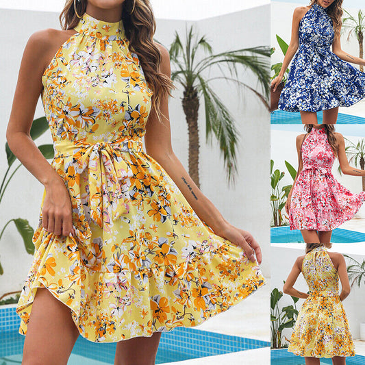 Women's Floral Halter Dress – Summer Lace-Up Ruffle Maxi Dress