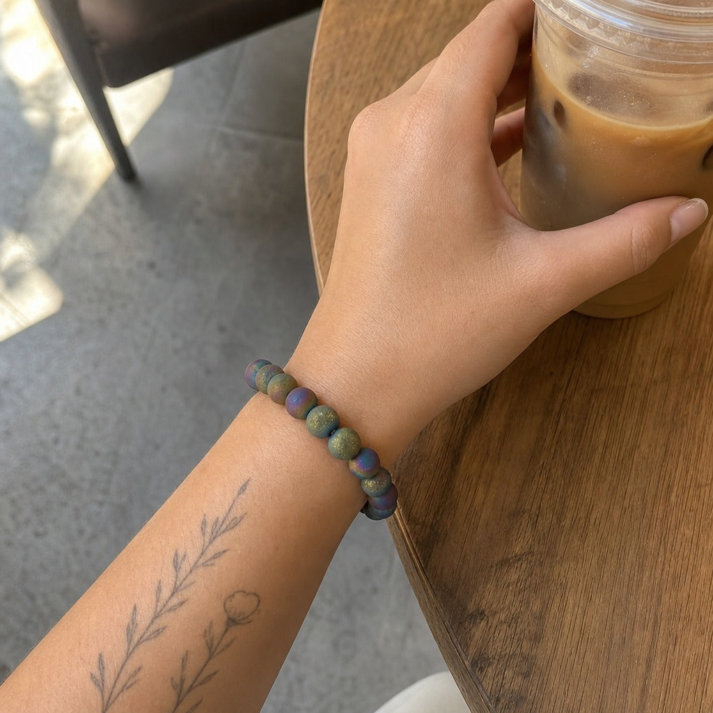 Agate Druzy Electroplated Rainbow Round Bracelet - 8mm (Enhanced)