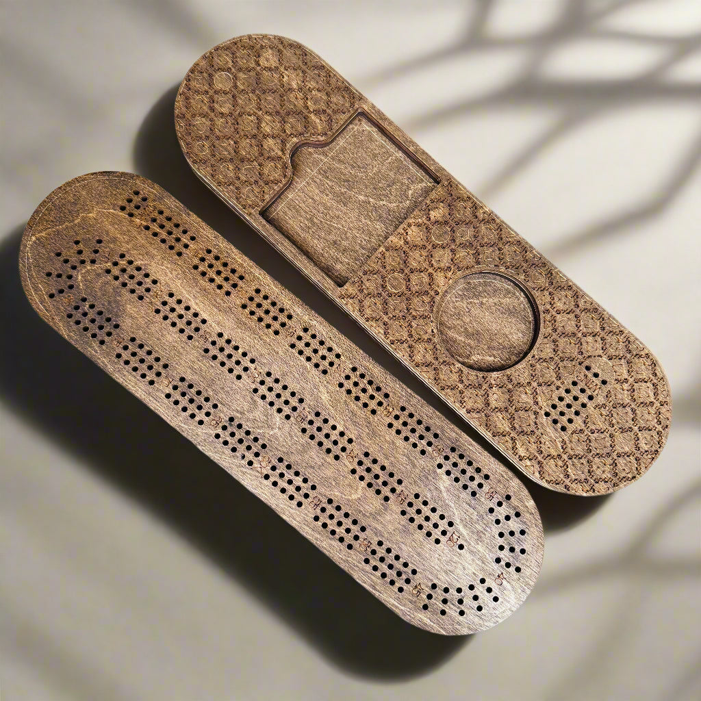 Oblong Cribbage Board with Removable Lid – 3 Player with Scoring Panel (15” x 4”)