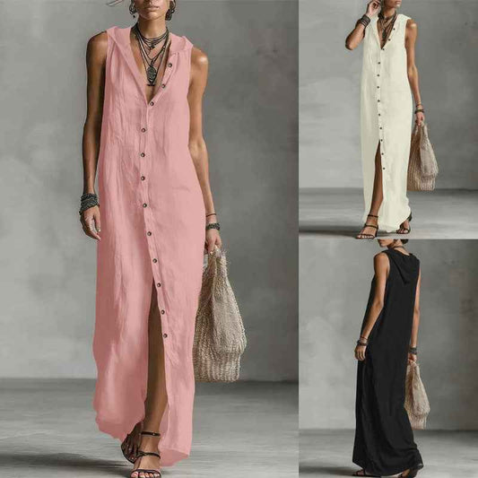 Women's Hooded Sleeveless Button-Down Split Maxi Dress – Casual Vacation Long Dress for Spring & Summer