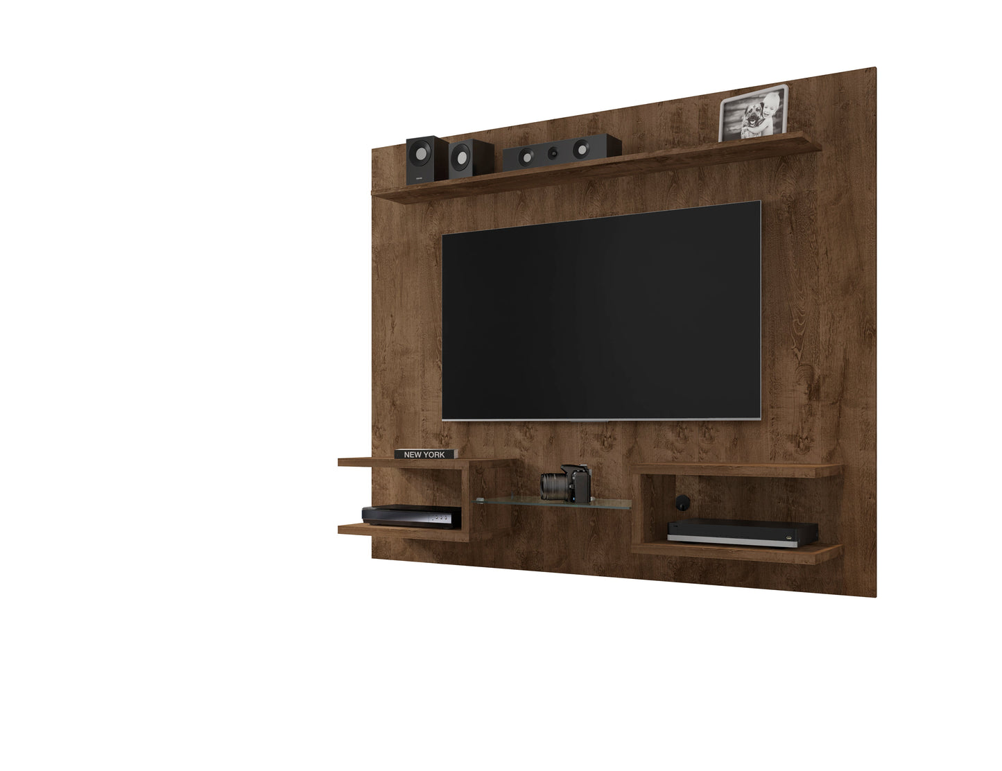 Augusta Modernes schwebendes Entertainment-Center mit Regal – Rustikales Braun