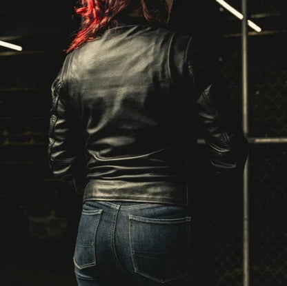 Women’s Motorcycle Leather Jacket. Lightweight Cowhide with Armor Pockets