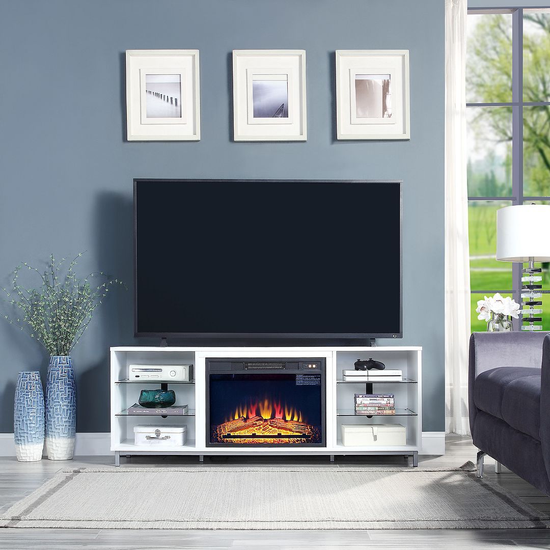 Feuriger 60" TV-Ständer/Kamin mit Glasablagen – Beiger Hochglanz