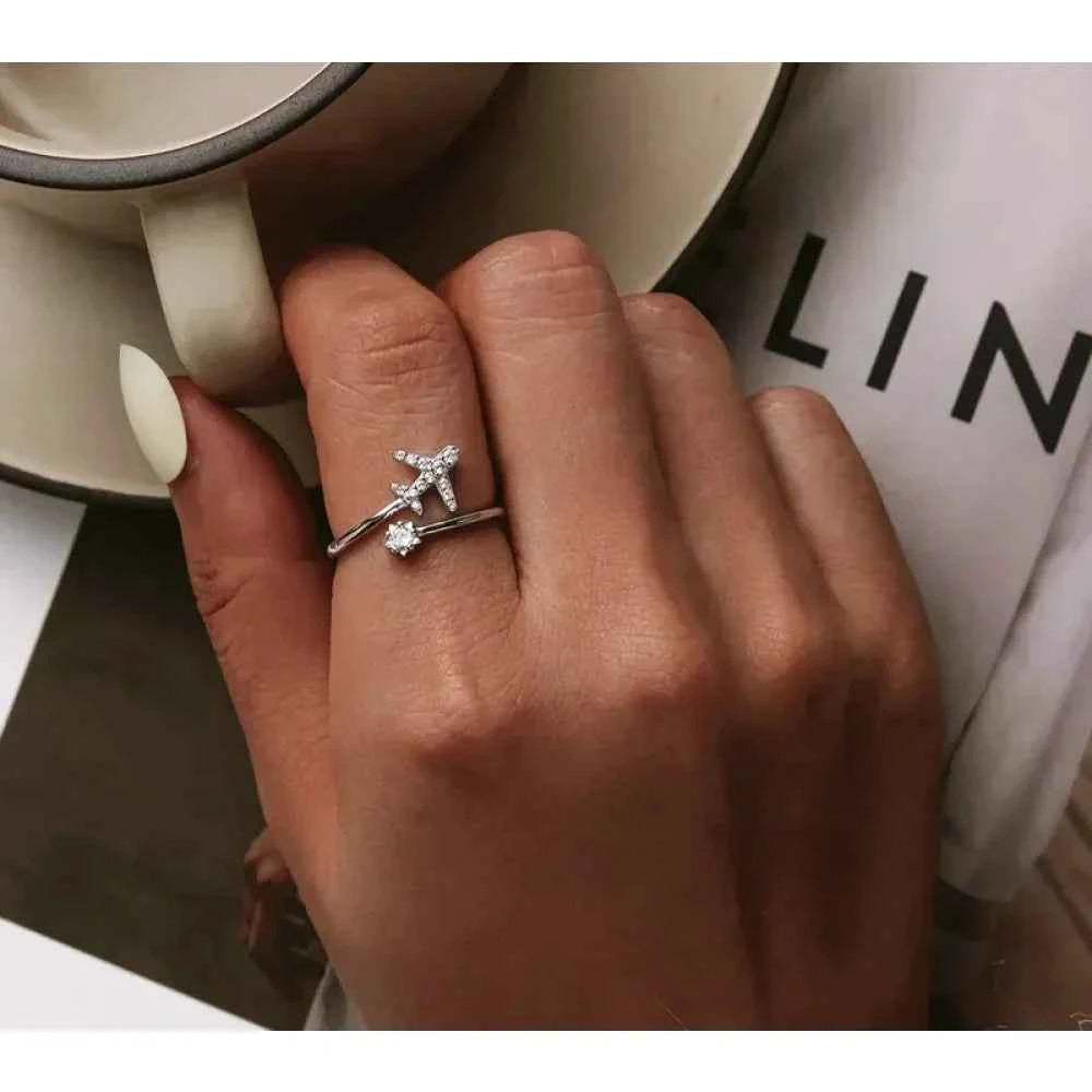 925 Sterling Silver CZ Flying Plane Open Ring