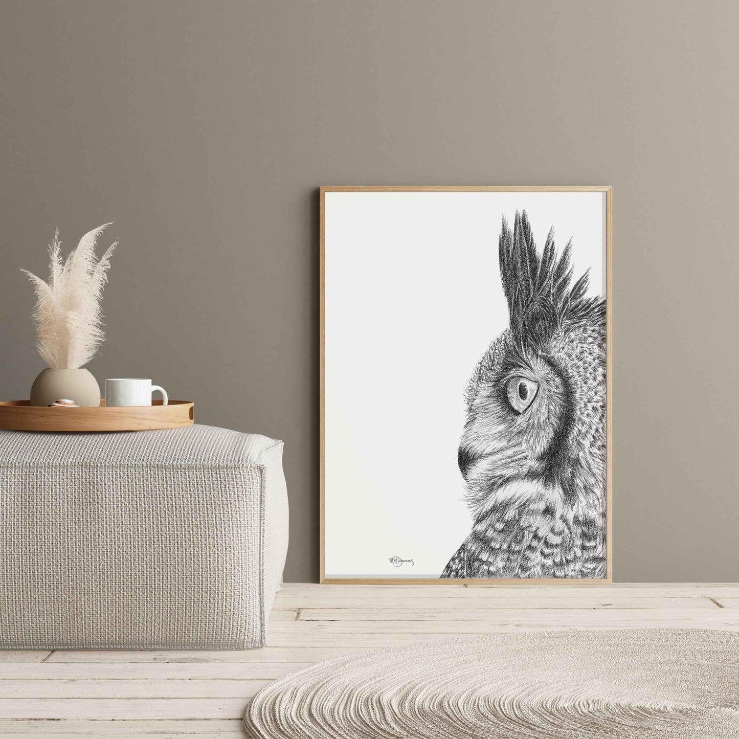 Great Horned Owl - Black and White Wildlife Art Print