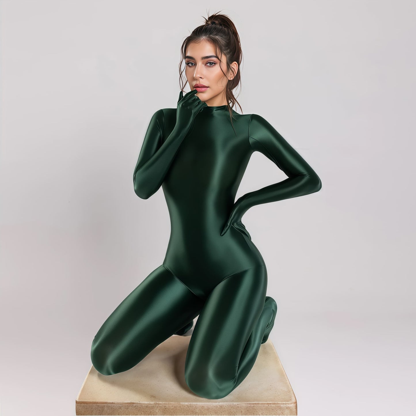 Spandex Nylon Full Bodysuit Zentai Shinny Cosplay Jumpsuit Attached Gloves