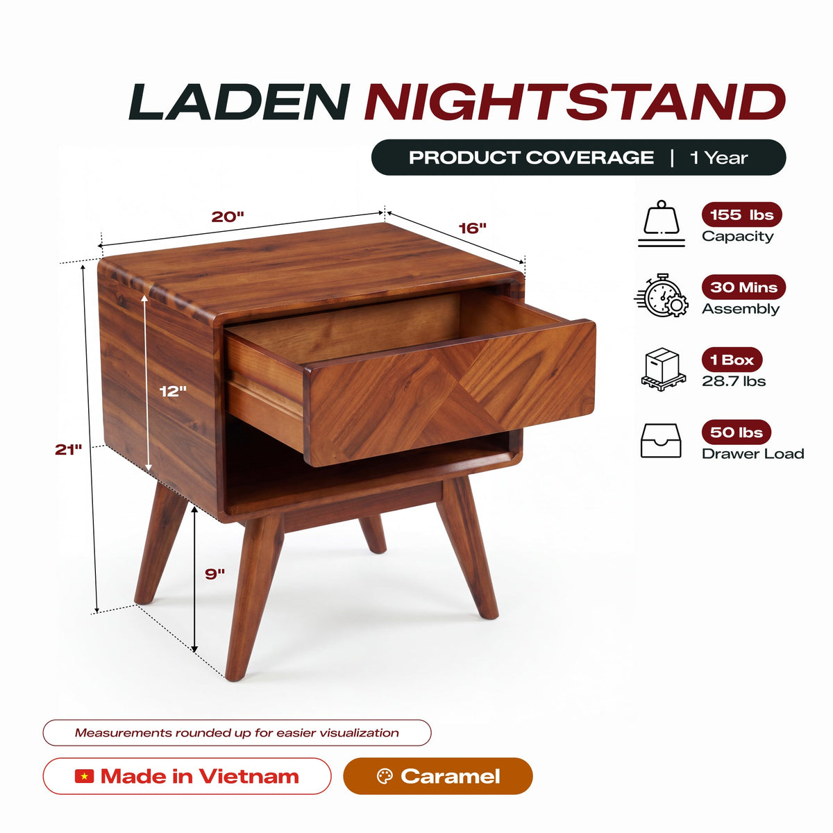 Laden Handcrafted Solid Wood Nightstand