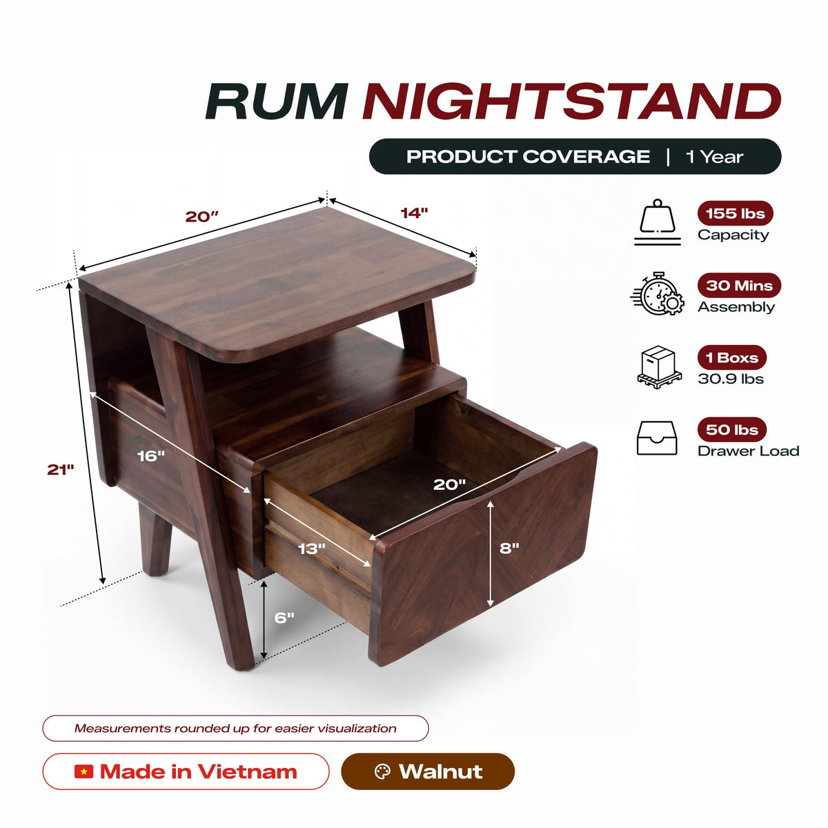 Rum Solid Wood Nightstand