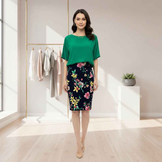 Jupe droite motif fleurs