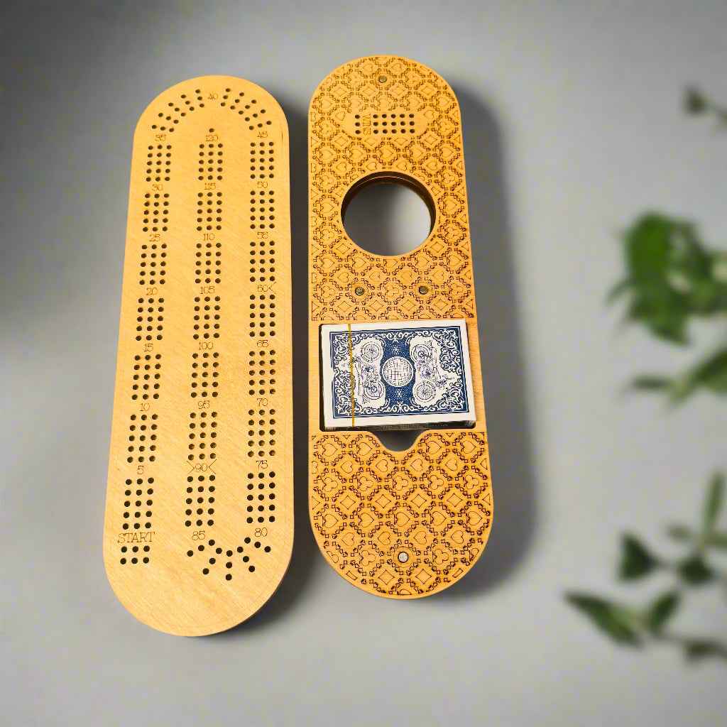 Oblong Cribbage Board with Removable Lid – 3 Player with Scoring Panel (15” x 4”)
