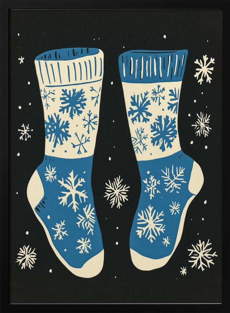Wandbild Vintage Socken Strickwaren Blau Auf Schwarz Leinwandbild