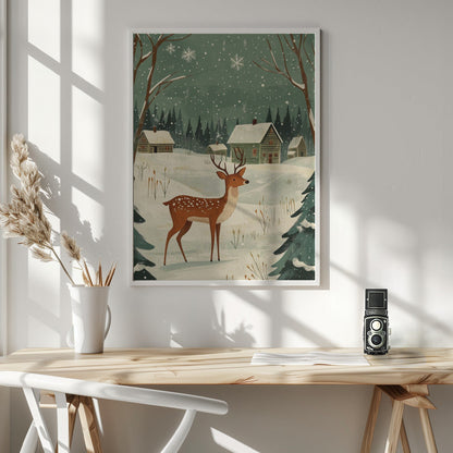Wandbild Hirsch Winterferien Grüner Leinwanddruck