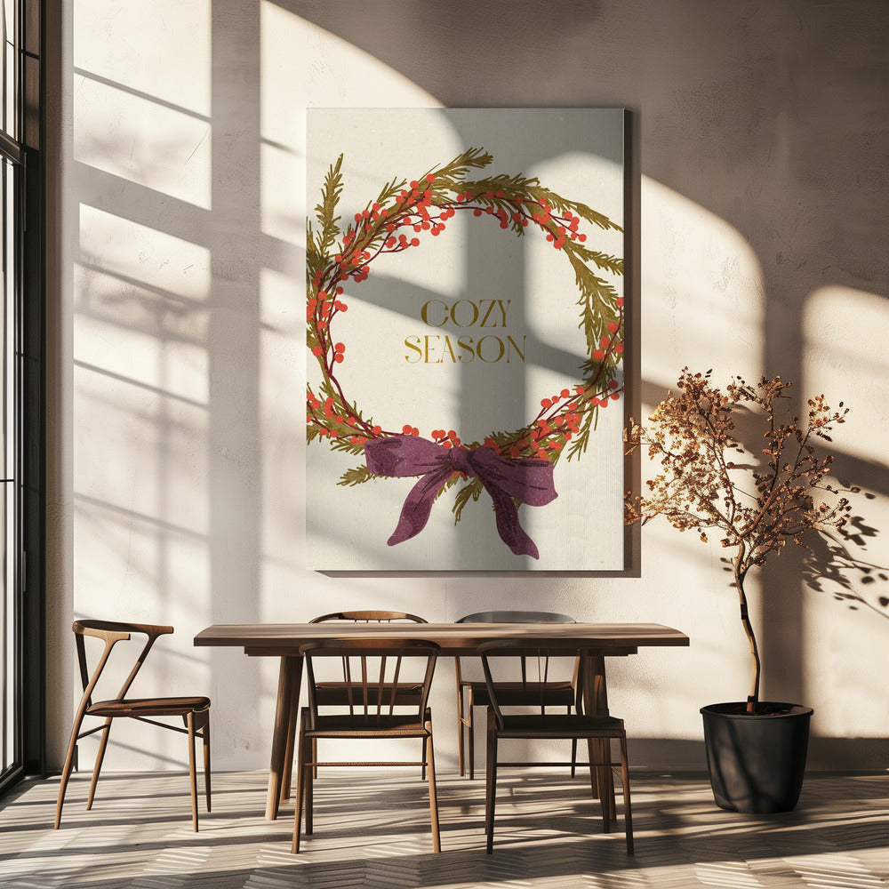 Wandbild Gemütliche Saison. Weihnachtskranz mit Schleife Leinwandbild