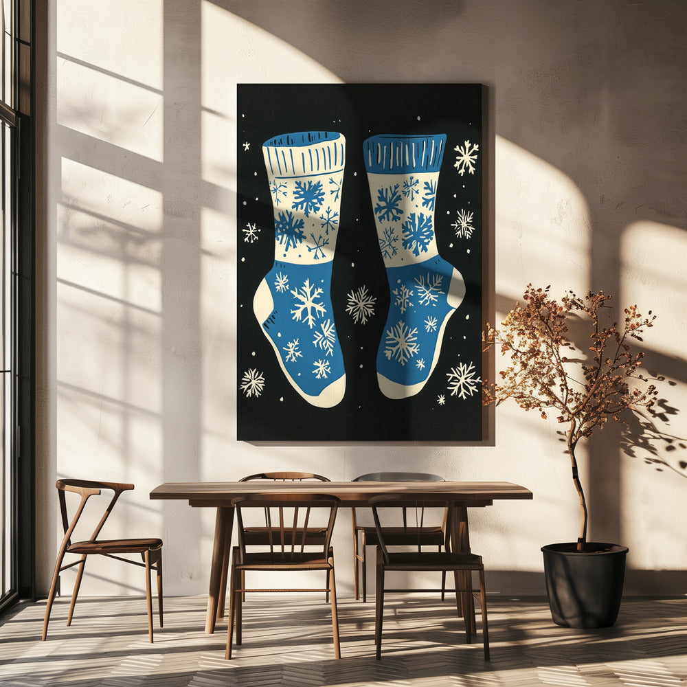 Wandbild Vintage Socken Strickwaren Blau Auf Schwarz Leinwandbild