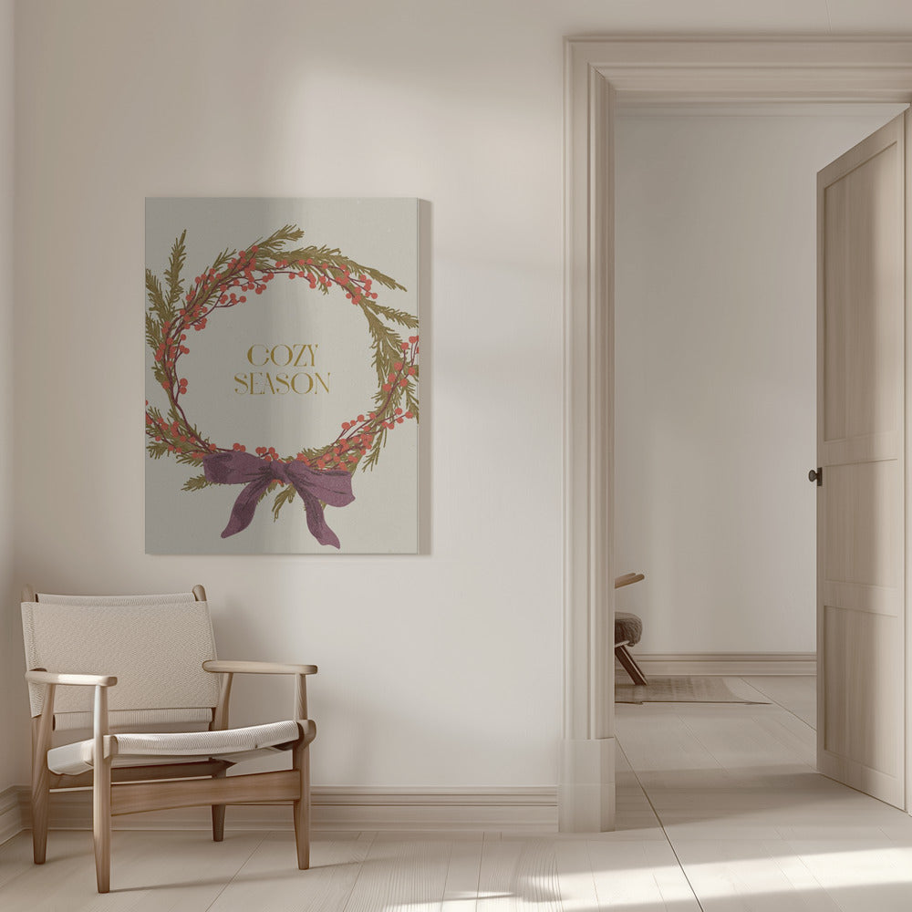 Wandbild Gemütliche Saison. Weihnachtskranz mit Schleife Leinwandbild