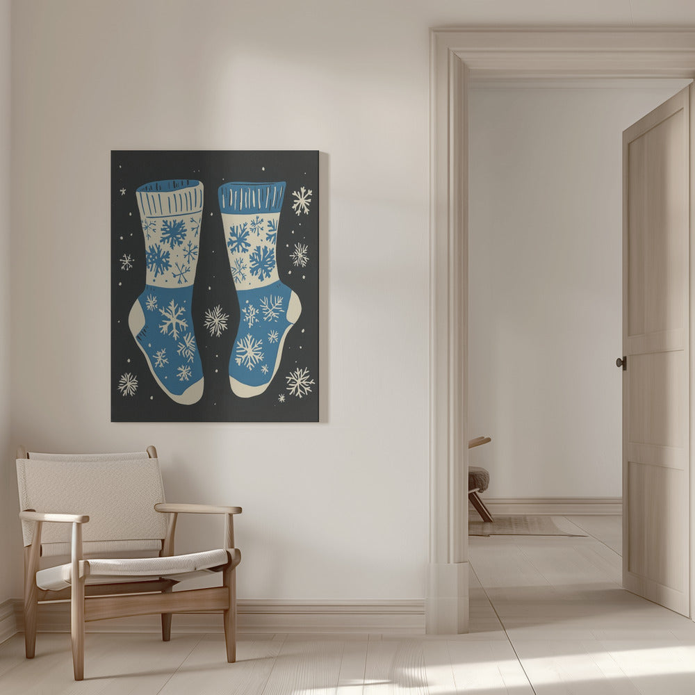 Wandbild Vintage Socken Strickwaren Blau Auf Schwarz Leinwandbild
