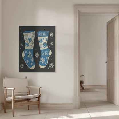Wandbild Vintage Socken Strickwaren Blau Auf Schwarz Leinwandbild