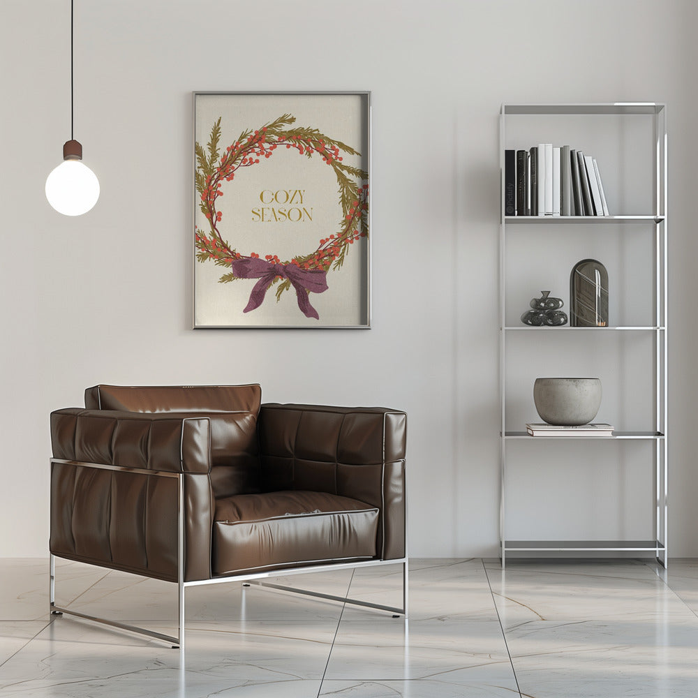 Wandbild Gemütliche Saison. Weihnachtskranz mit Schleife Leinwandbild