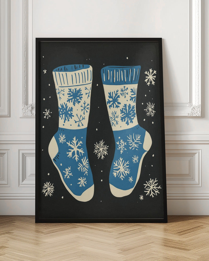 Wandbild Vintage Socken Strickwaren Blau Auf Schwarz Leinwandbild