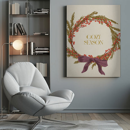 Wandbild Gemütliche Saison. Weihnachtskranz mit Schleife Leinwandbild