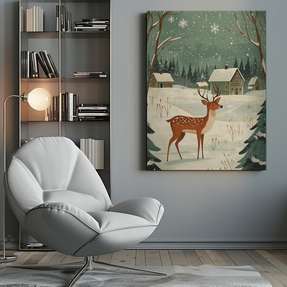 Wandbild Hirsch Winterferien Grüner Leinwanddruck