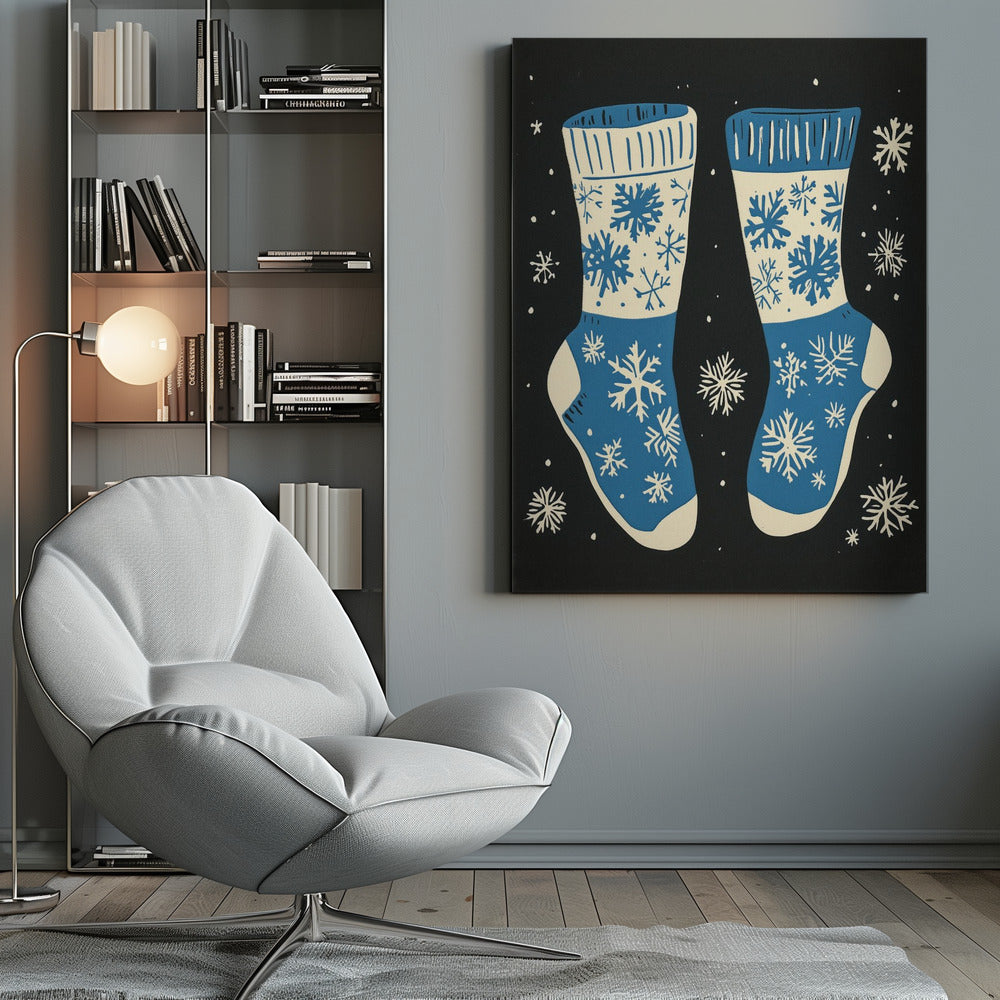 Wandbild Vintage Socken Strickwaren Blau Auf Schwarz Leinwandbild