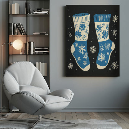 Wandbild Vintage Socken Strickwaren Blau Auf Schwarz Leinwandbild