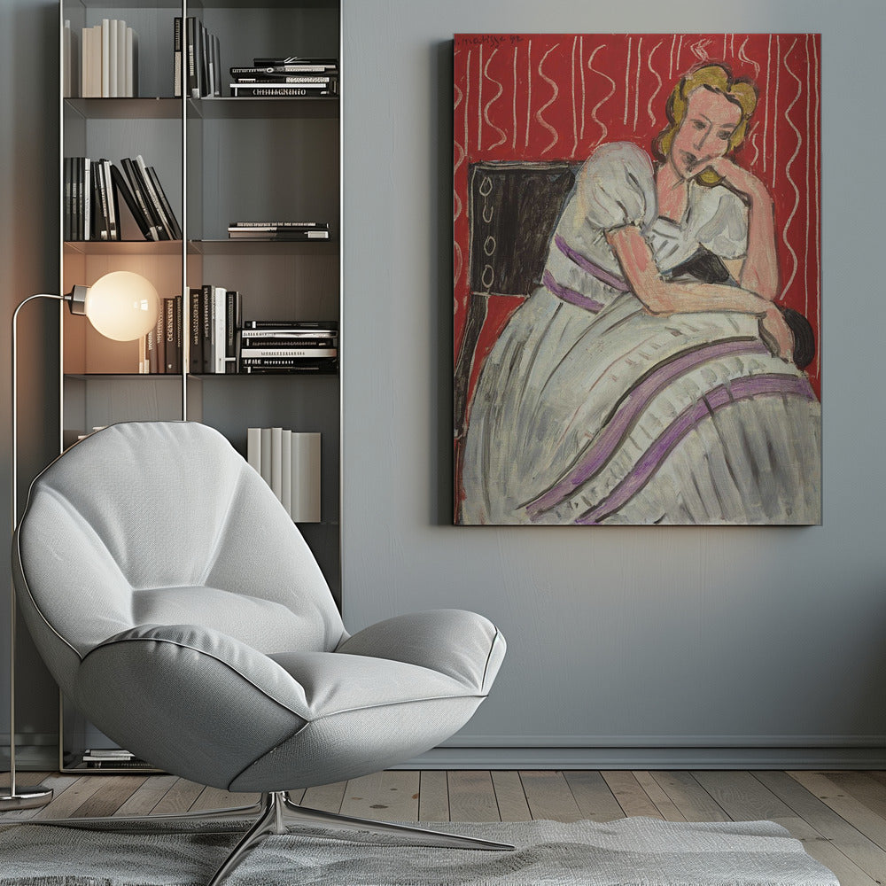 Wandbild Junge Frau In Grauem Kleid Sitzend