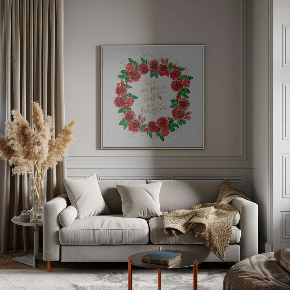 Wandbild Weihnachtswünsche Kranz aus roten englischen Rosen