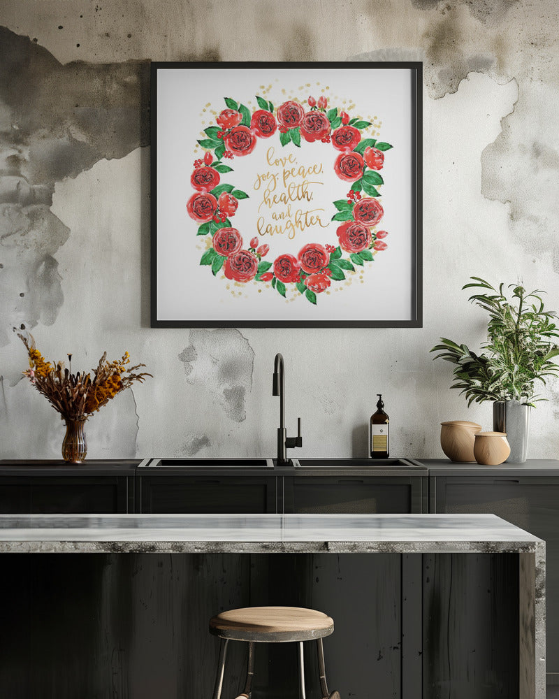 Wandbild Weihnachtswünsche Kranz aus roten englischen Rosen