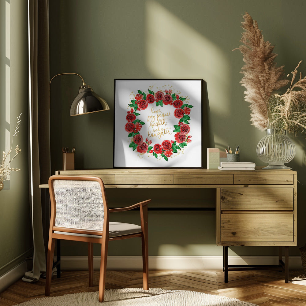 Wandbild Weihnachtswünsche Kranz aus roten englischen Rosen