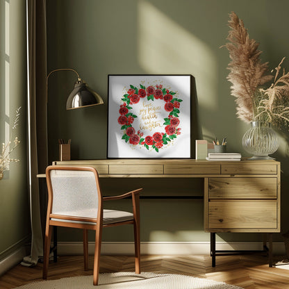 Wandbild Weihnachtswünsche Kranz aus roten englischen Rosen