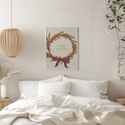 Wandbild Gemütliche Saison. Weihnachtskranz mit Schleife Leinwandbild